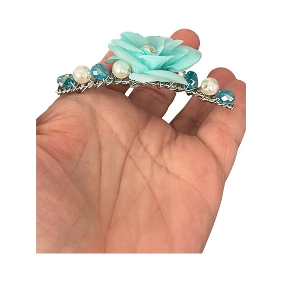 Elegant Silver Beaded Hair Comb with Aqua Flower 3.0” - Picture 2 of 5